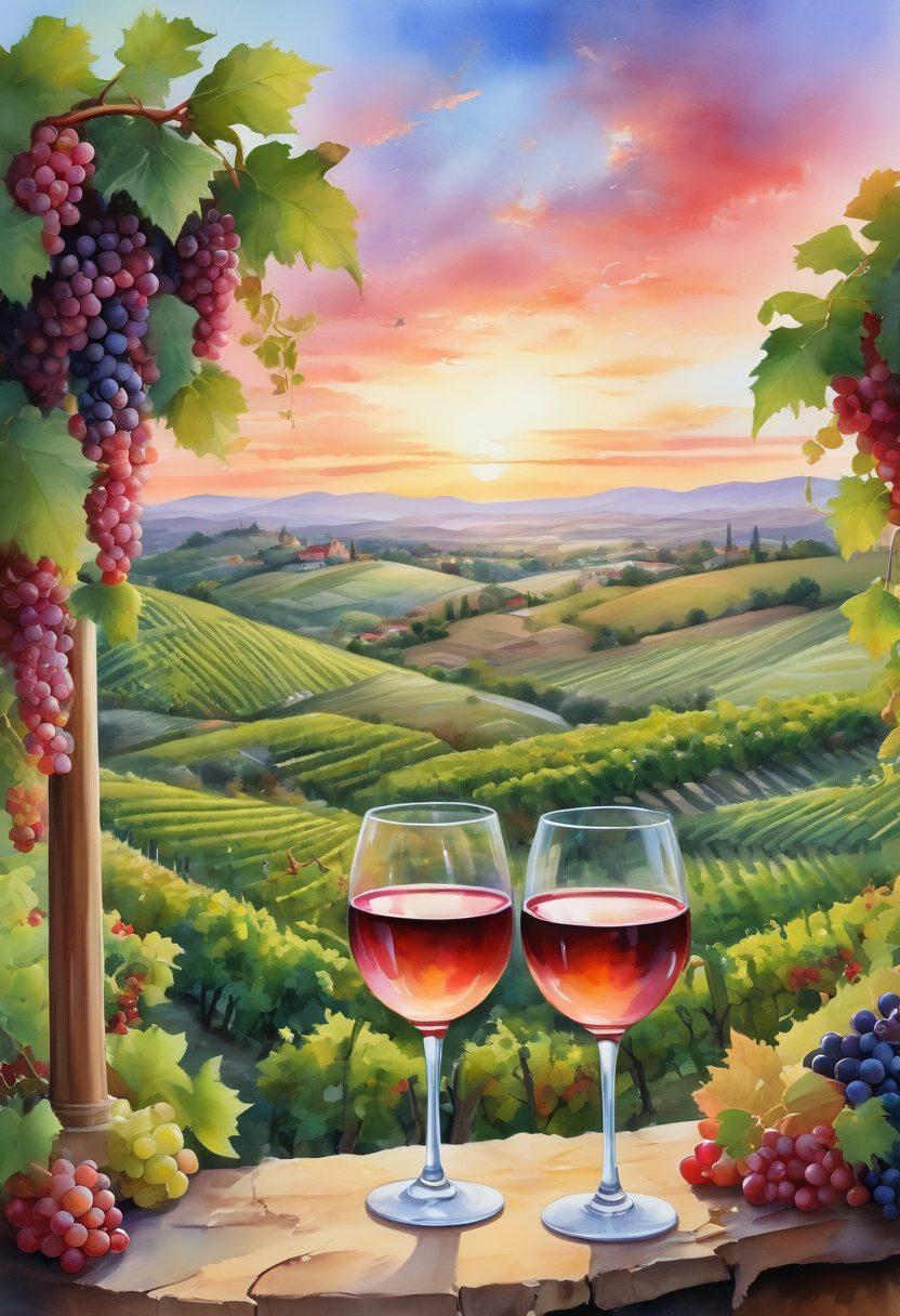 A whimsical vineyard landscape with lush rolling hills, vibrant grapevines bursting with red, white, and rosé grapes. In the foreground, a cheerful group of dreamers sipping wine, their expressions full of joy and creativity. The sky is painted in radiant sunset hues, casting a magical glow over the scene. Include elements like wine glasses and playful butterflies to enhance the dreamlike atmosphere. watercolor painting. vibrant colors.