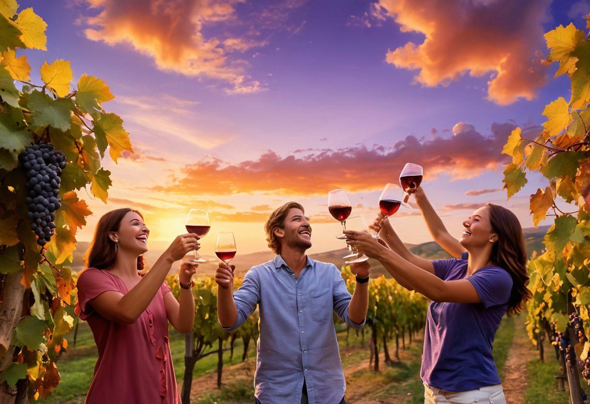 A joyful vineyard scene at sunset, with lush grapevines laden with ripe grapes, a group of friends laughing and toasting with glasses of wine, capturing the essence of independence and celebration. The sky is painted in vibrant hues of orange and purple, evoking a feeling of joy and relaxation. super-realistic. vibrant colors. warm lighting.
