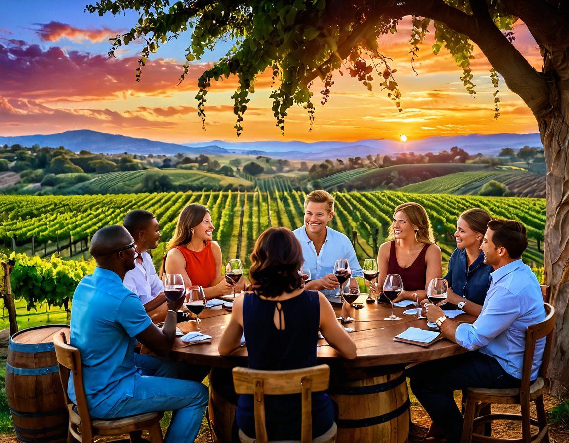 A cozy wine tasting scene featuring diverse individuals sharing laughter and toast, surrounded by lush vineyards and wooden barrels. Captivating wine glasses filled with a variety of colorful wines, with a warm sunset glow illuminating the atmosphere. Elements of sophistication and relaxation blend with an air of ambition. A chalkboard with inspiring quotes about dreams and success in the background. vibrant colors. super-realistic.